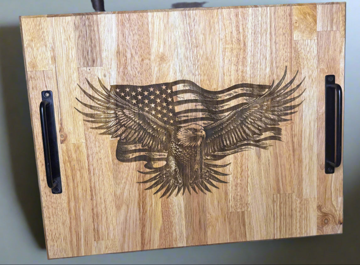 Large Butcher Block Tray with Handles engraved - American Flag with Eagle engraved
