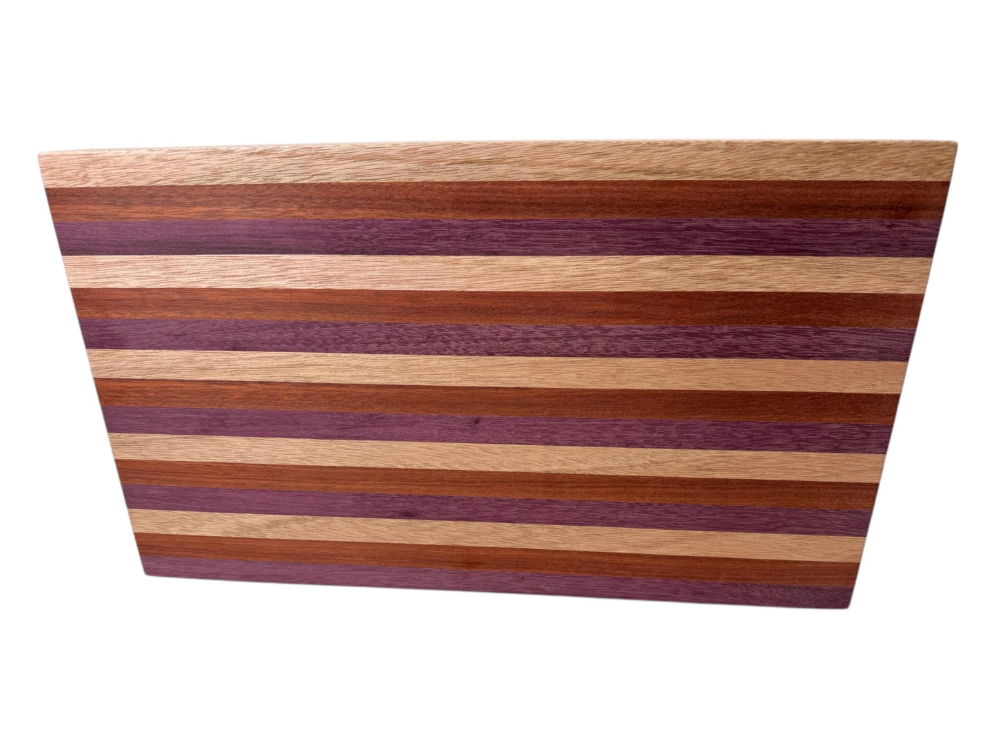 Handmade cutting board made from Purpleheart, African mahogany and blood wood.