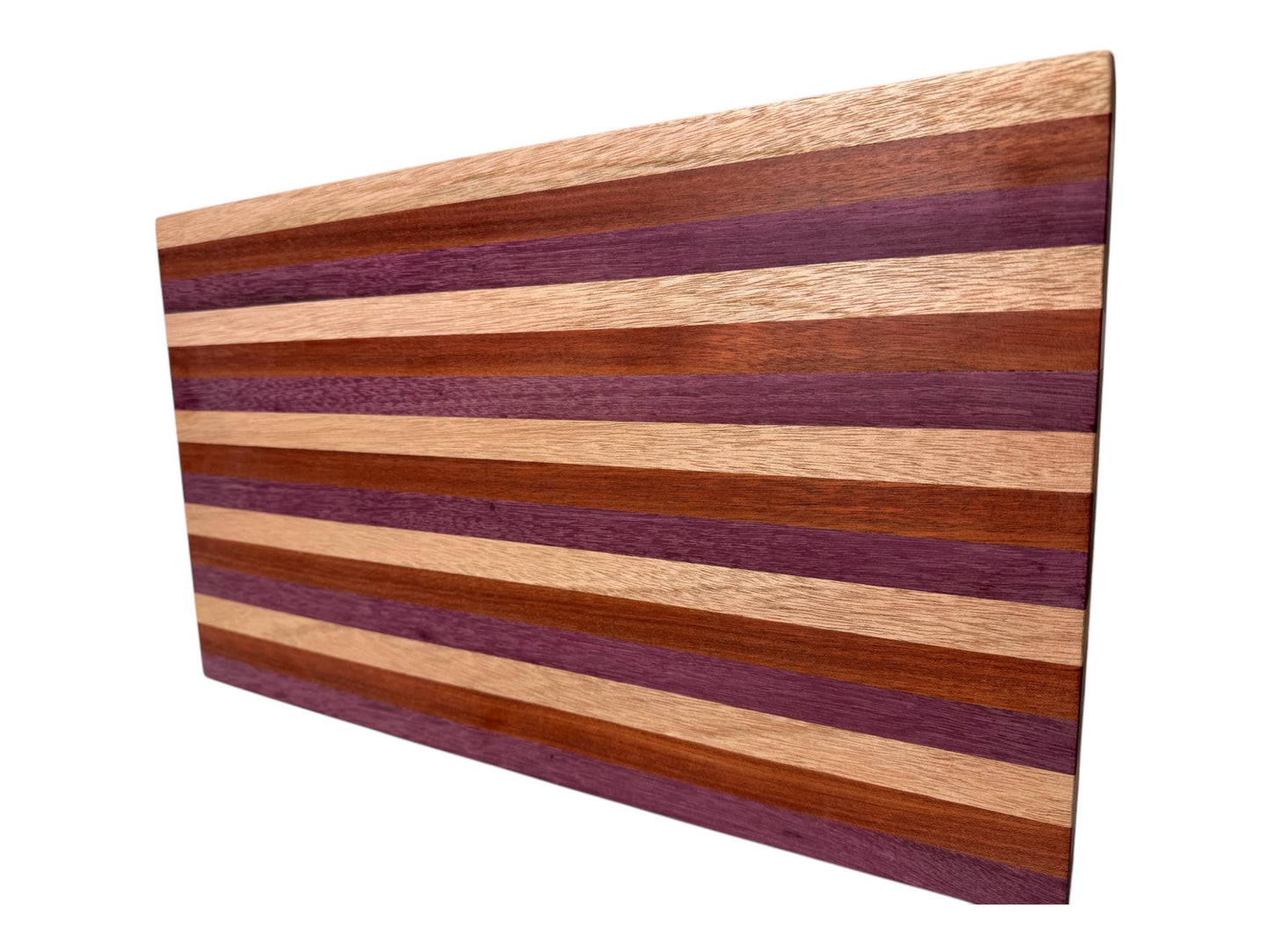 Handmade cutting board made from Purpleheart, African mahogany and blood wood.