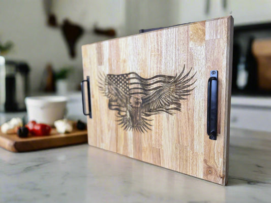Large Butcher Block Tray with Handles engraved - American Flag with Eagle engraved