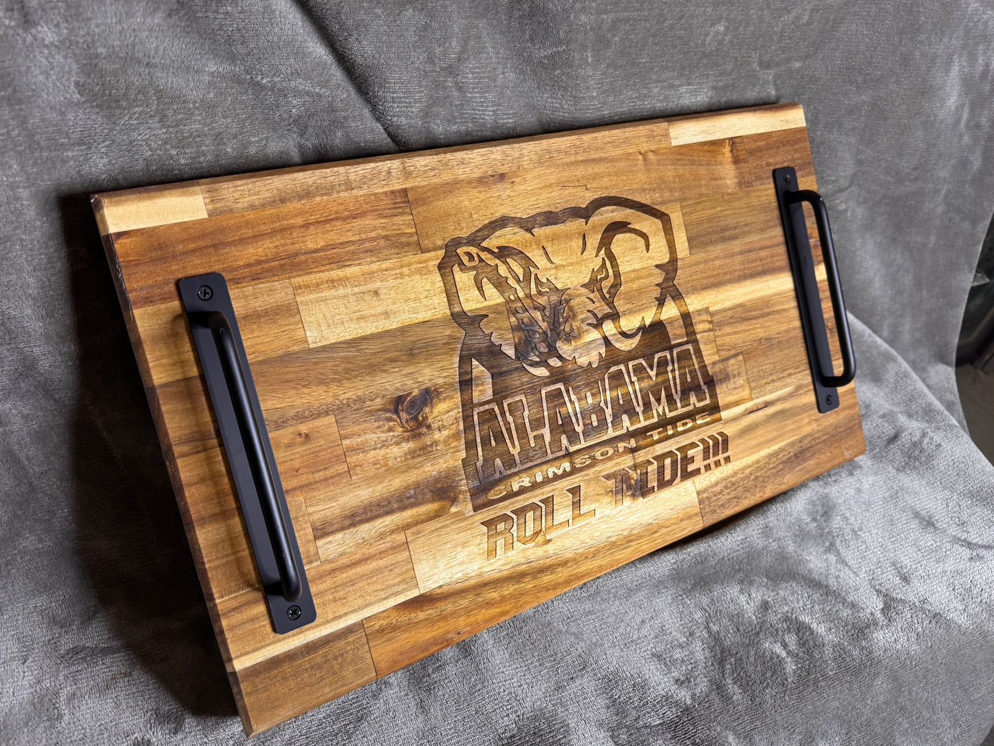 Large Butcher Block Tray with Handles engraved - Alabama Roll Tide